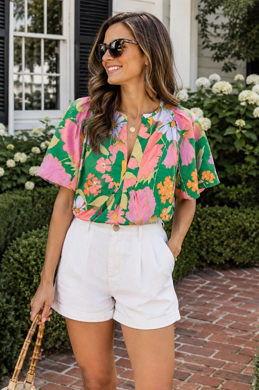 Flora Bea 100% Cotton Green Pink Floral Puff Sleeve Top Size Small